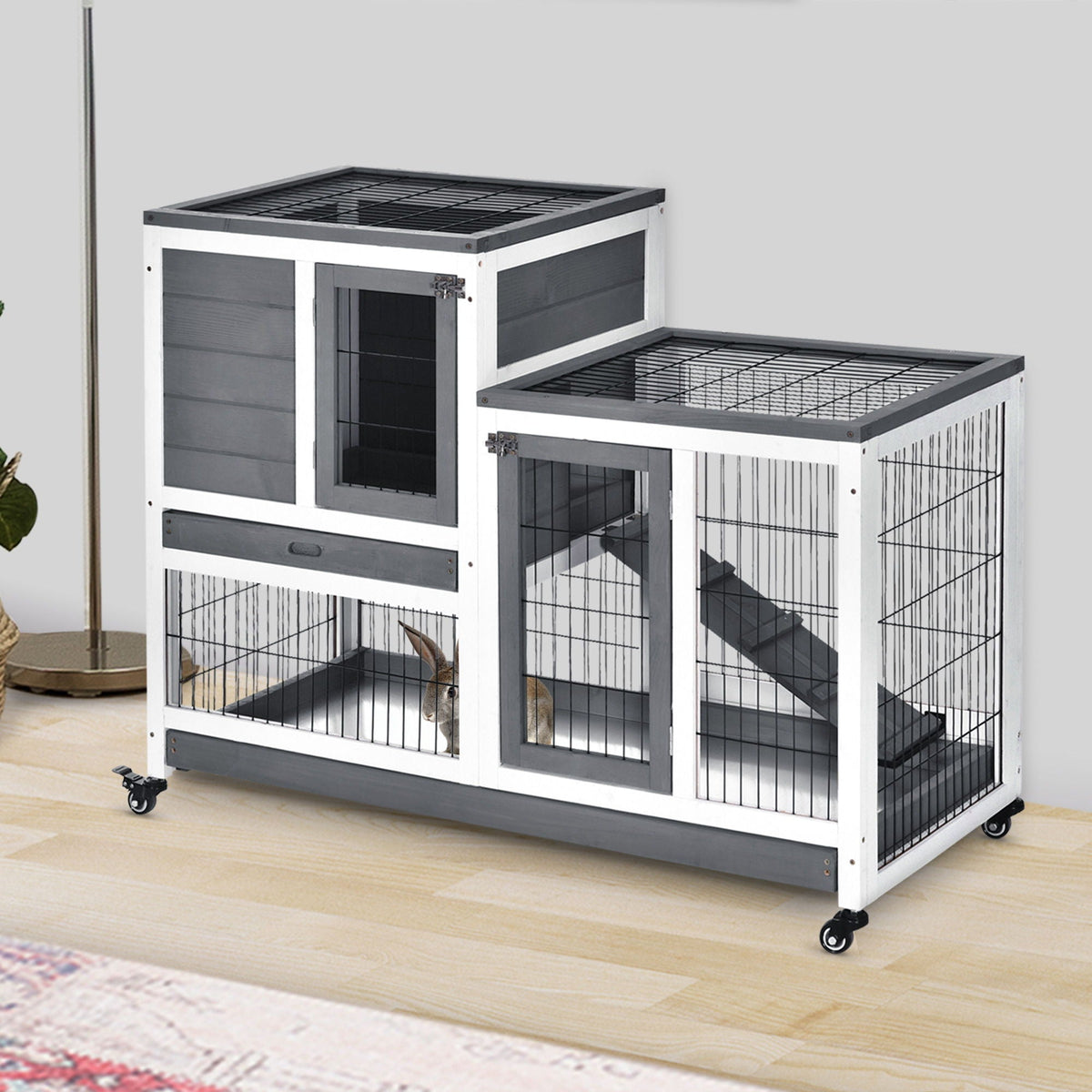 Pawhut - Wooden Rabbit Hutch Elevated Cage Indoor Small Animal