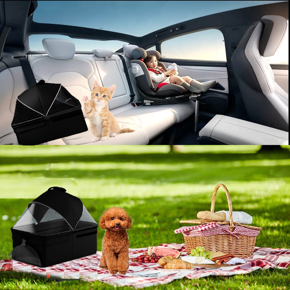 2-in-1 folding per cart, four-wheel, waterproof pad, car seat, sun visor