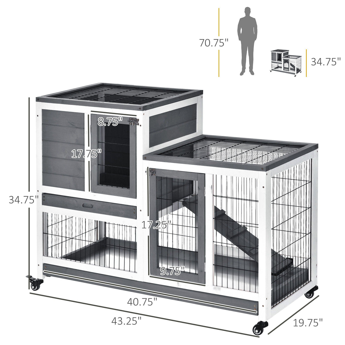 Pawhut - Wooden Rabbit Hutch Elevated Cage Indoor Small Animal