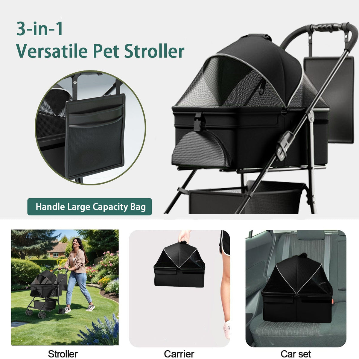 2-in-1 folding per cart, four-wheel, waterproof pad, car seat, sun visor