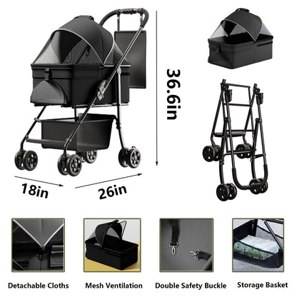 2-in-1 folding per cart, four-wheel, waterproof pad, car seat, sun visor