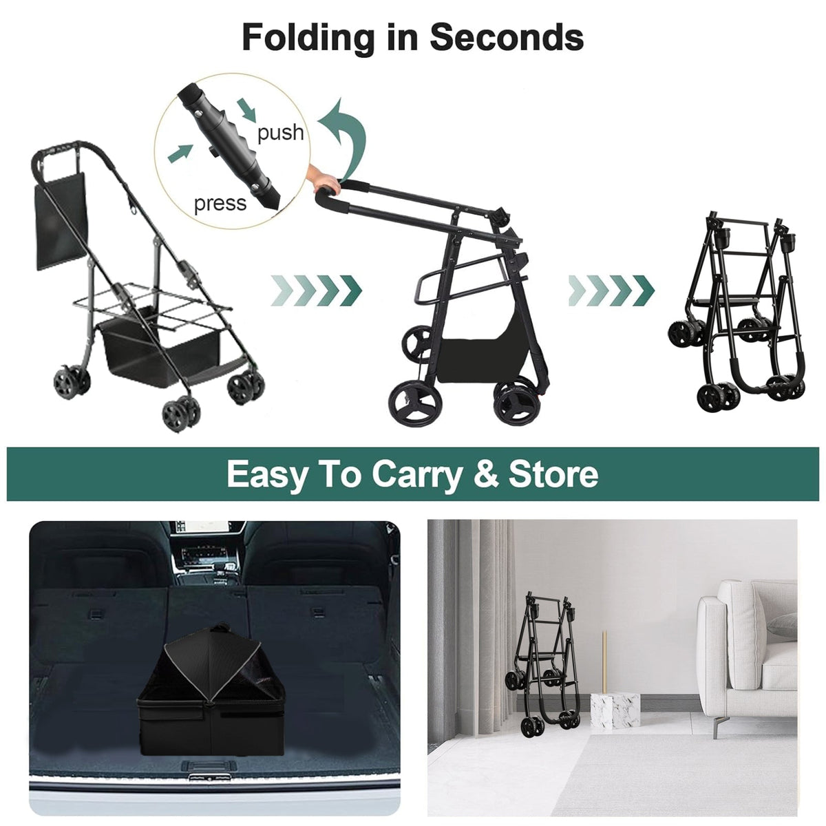 2-in-1 folding per cart, four-wheel, waterproof pad, car seat, sun visor