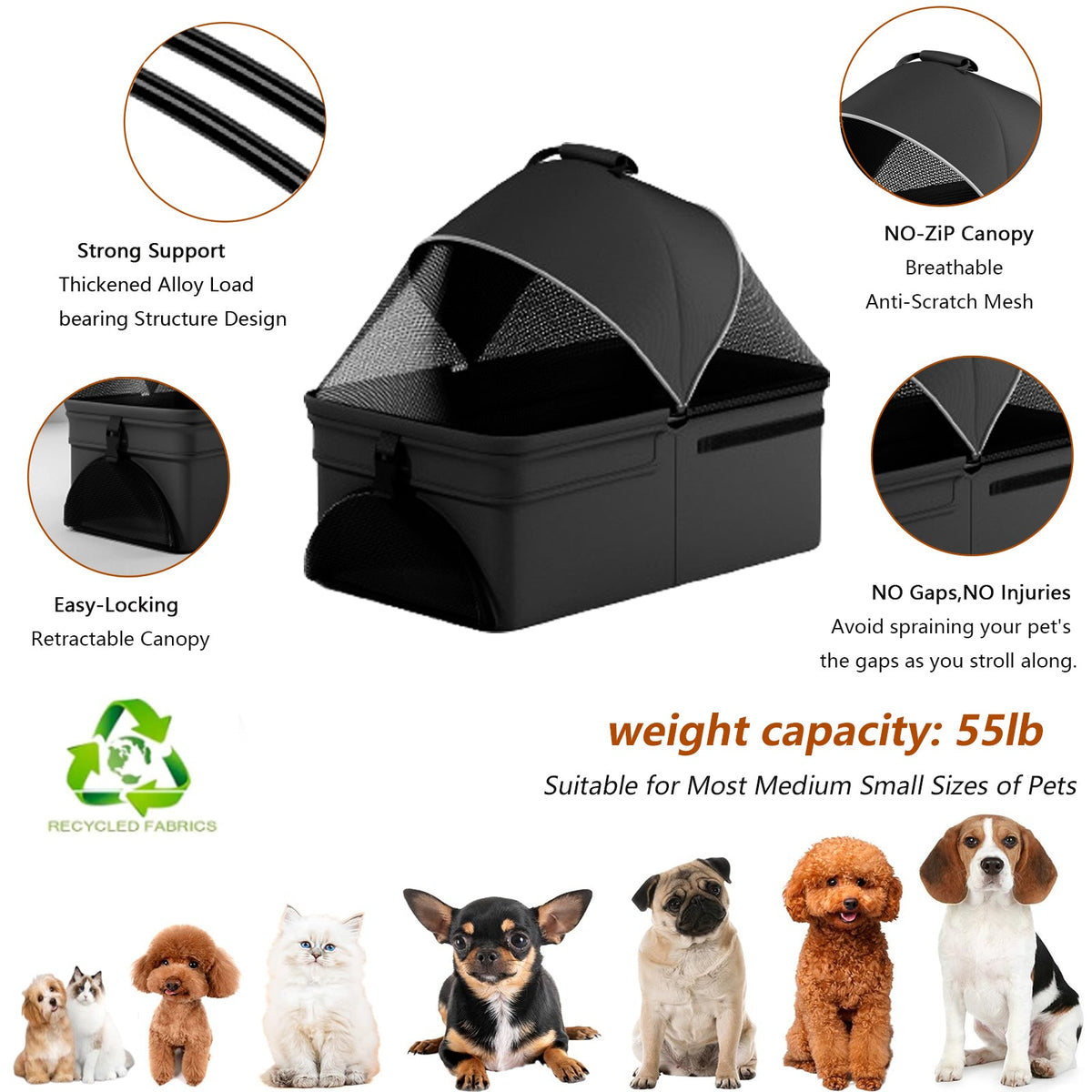 2-in-1 folding per cart, four-wheel, waterproof pad, car seat, sun visor