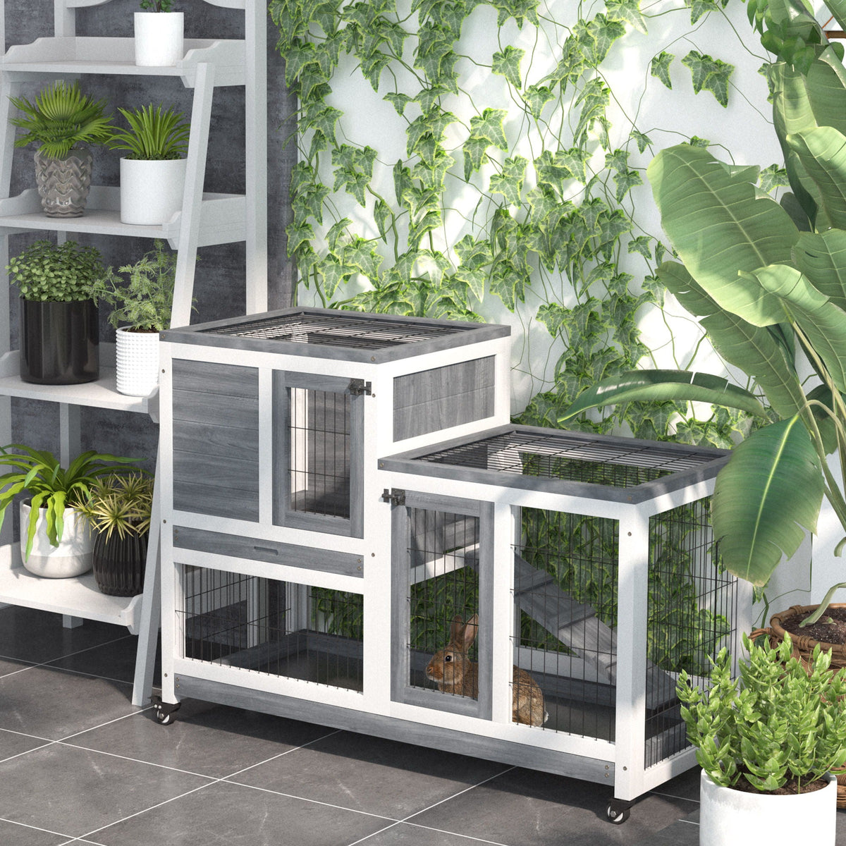 Pawhut - Wooden Rabbit Hutch Elevated Cage Indoor Small Animal